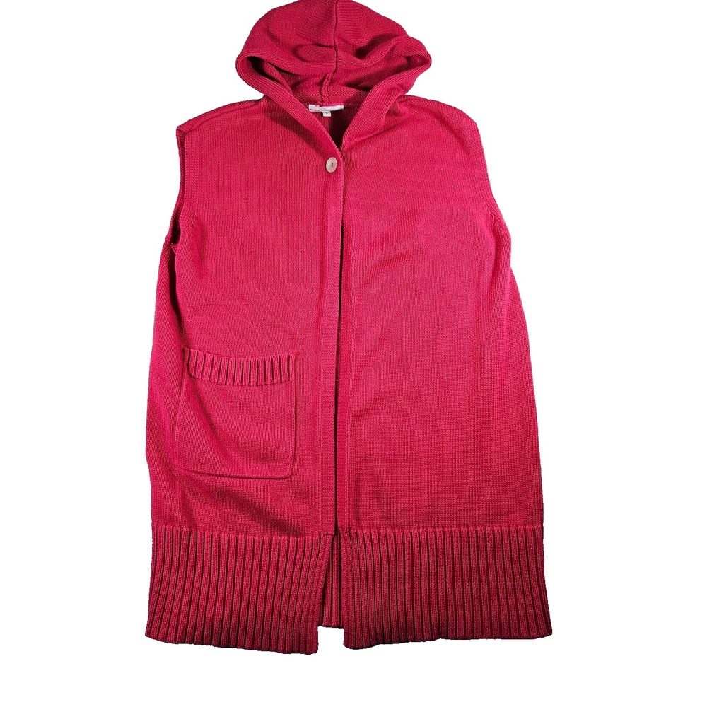 Bryn Walker Hot Pink Hooded‎ Lagenlook Coastal Knit Zip Up Vest Cardigan Sweater